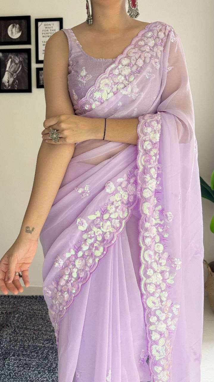 SOFT GEORGETTE C PALLU EMBROIDERY SEQUENCE WORK SAREE