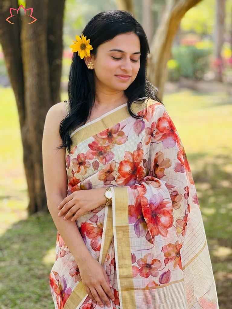 SOFT LINEN DIGITAL PRINTED GOLD ZARI BORDER SAREE MG656