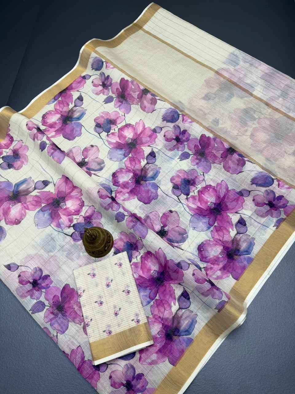 SOFT LINEN DIGITAL PRINTED GOLD ZARI BORDER SAREE MG656
