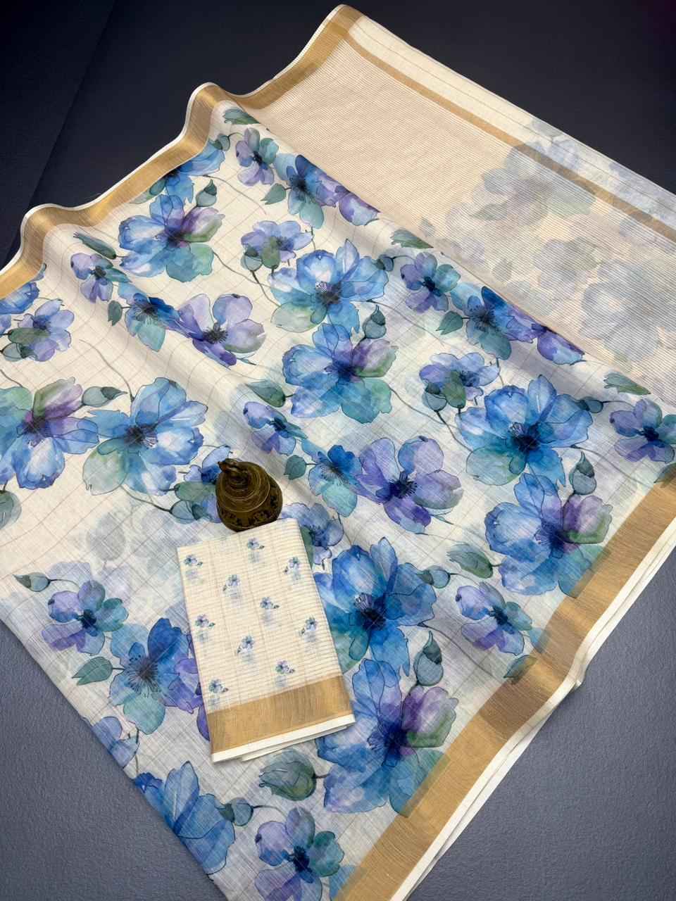 SOFT LINEN DIGITAL PRINTED GOLD ZARI BORDER SAREE MG656