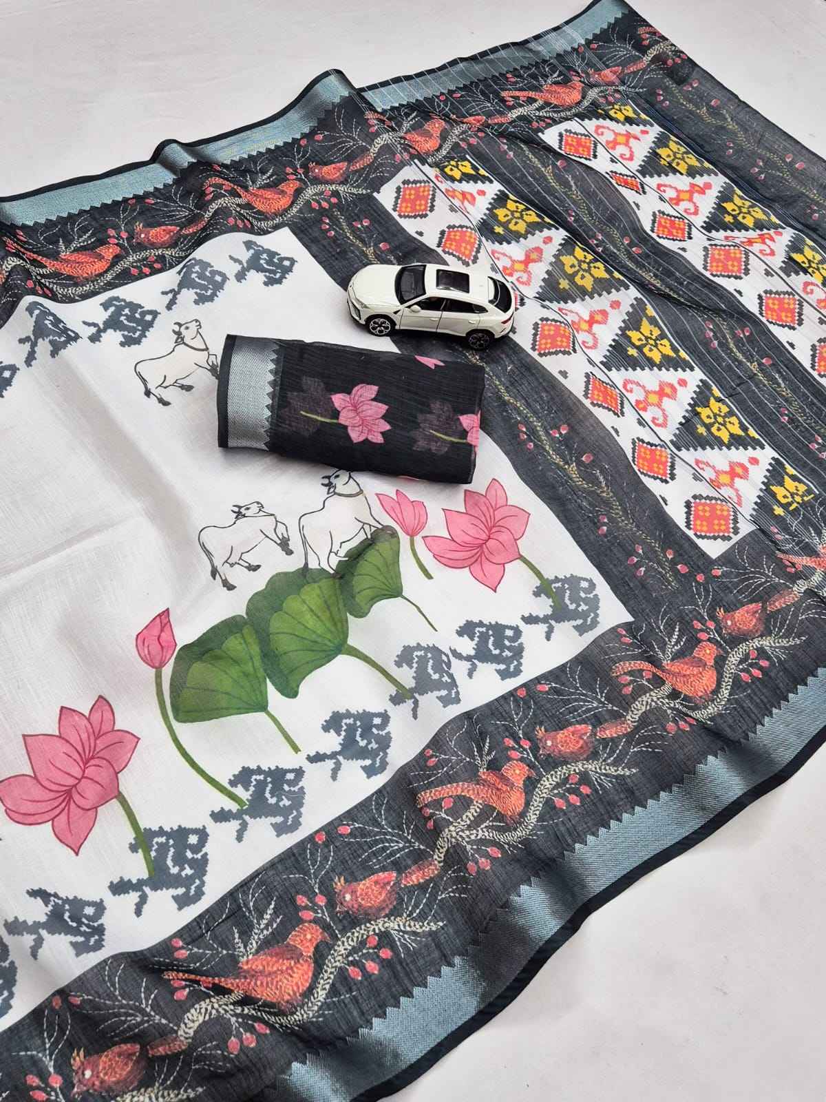 SOFT LINEN DIGITAL PRINTED MANGALAGIRI ZARI BORDER SAREE 