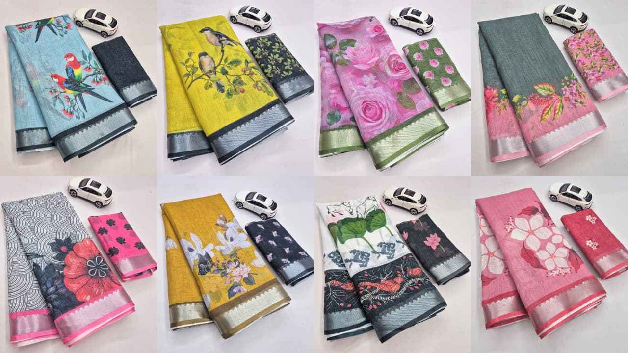 SOFT LINEN DIGITAL PRINTED MANGALAGIRI ZARI BORDER SAREE 