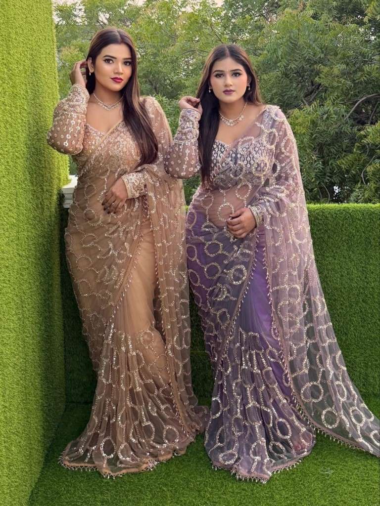 SOFT NET SEQUINS BEADS EMBROIDERY WORK SAREE