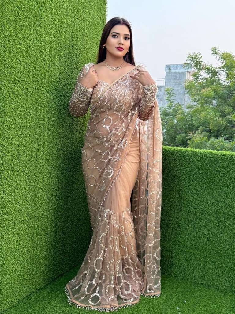 SOFT NET SEQUINS BEADS EMBROIDERY WORK SAREE
