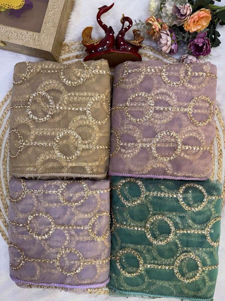 SOFT NET SEQUINS BEADS EMBROIDERY WORK SAREE
