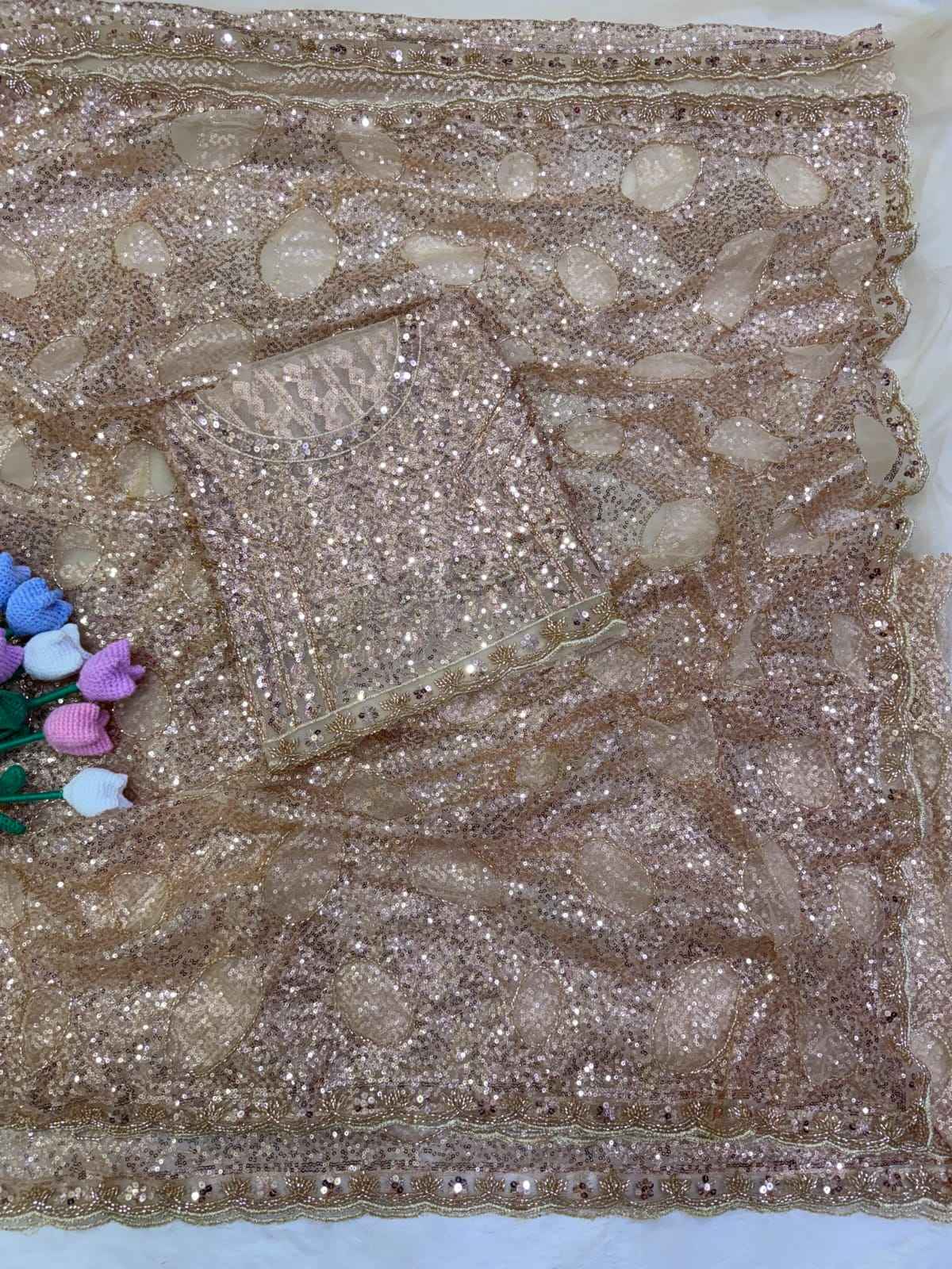 SOFT NET BEEDS AND SEQUINS EMBROIDERY WORK SAREE