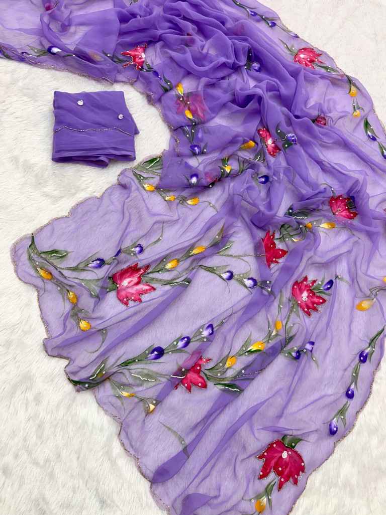 SOFT PURE CHIFFON HANDWORK FLOWER HANDBRUSH SAREE 1