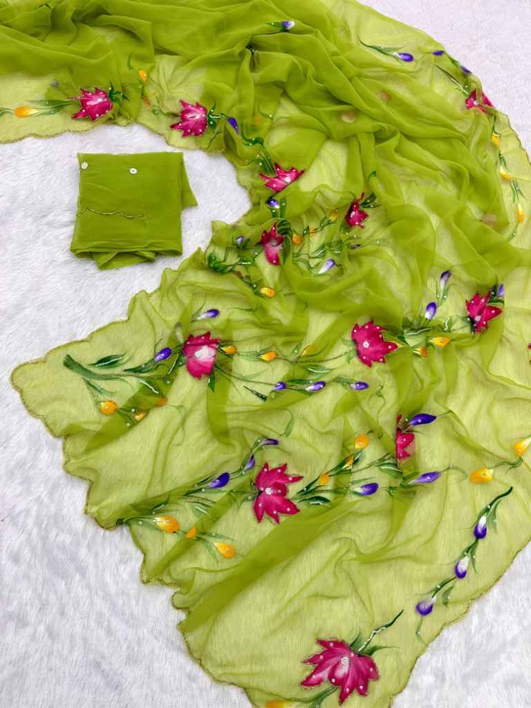 SOFT PURE CHIFFON HANDWORK FLOWER HANDBRUSH SAREE 1