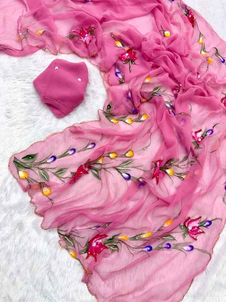 SOFT PURE CHIFFON HANDWORK FLOWER HANDBRUSH SAREE 1