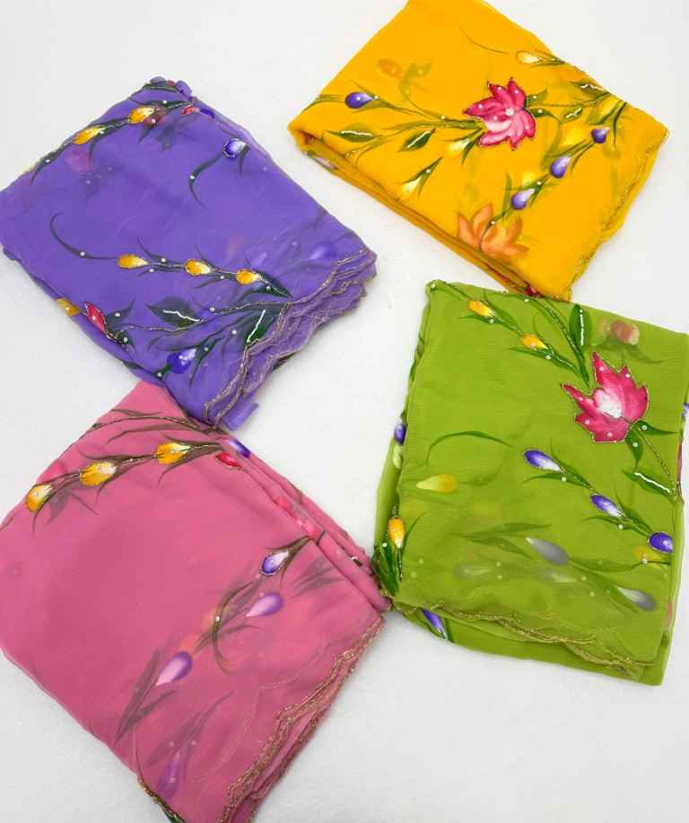 SOFT PURE CHIFFON HANDWORK FLOWER HANDBRUSH SAREE 1
