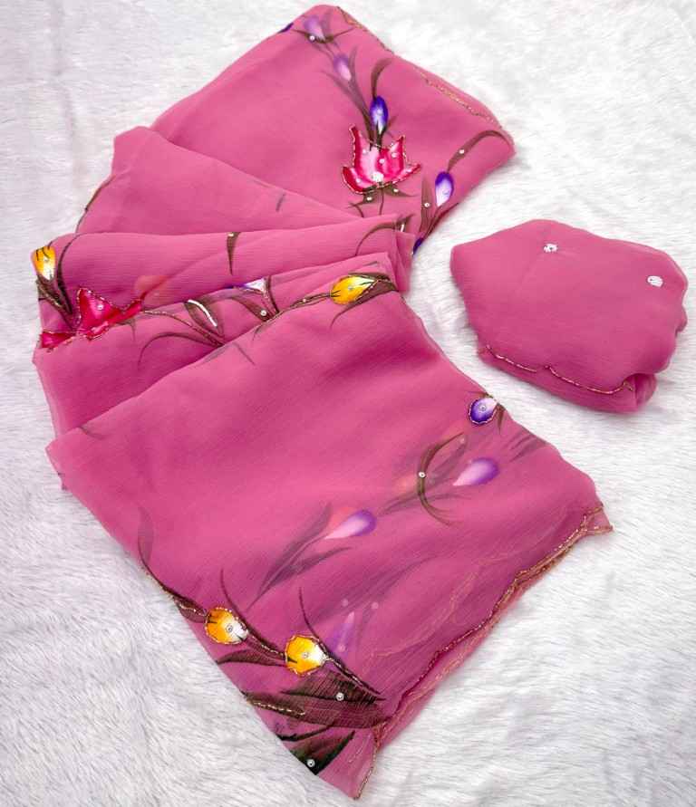 SOFT PURE CHIFFON HANDWORK FLOWER HANDBRUSH SAREE 1