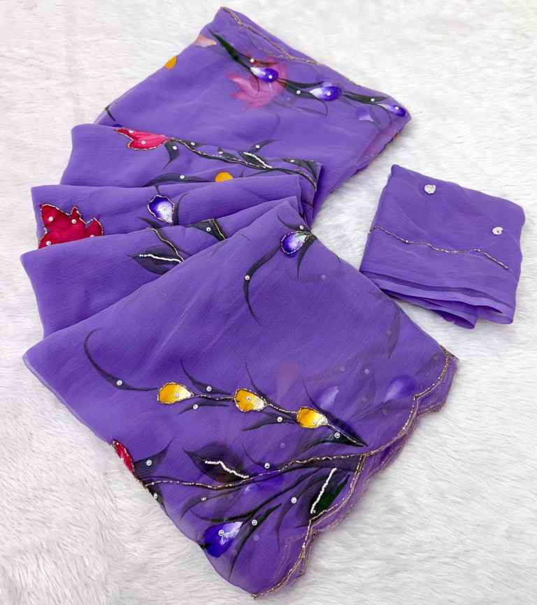 SOFT PURE CHIFFON HANDWORK FLOWER HANDBRUSH SAREE 1