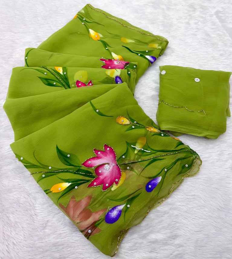SOFT PURE CHIFFON HANDWORK FLOWER HANDBRUSH SAREE 1