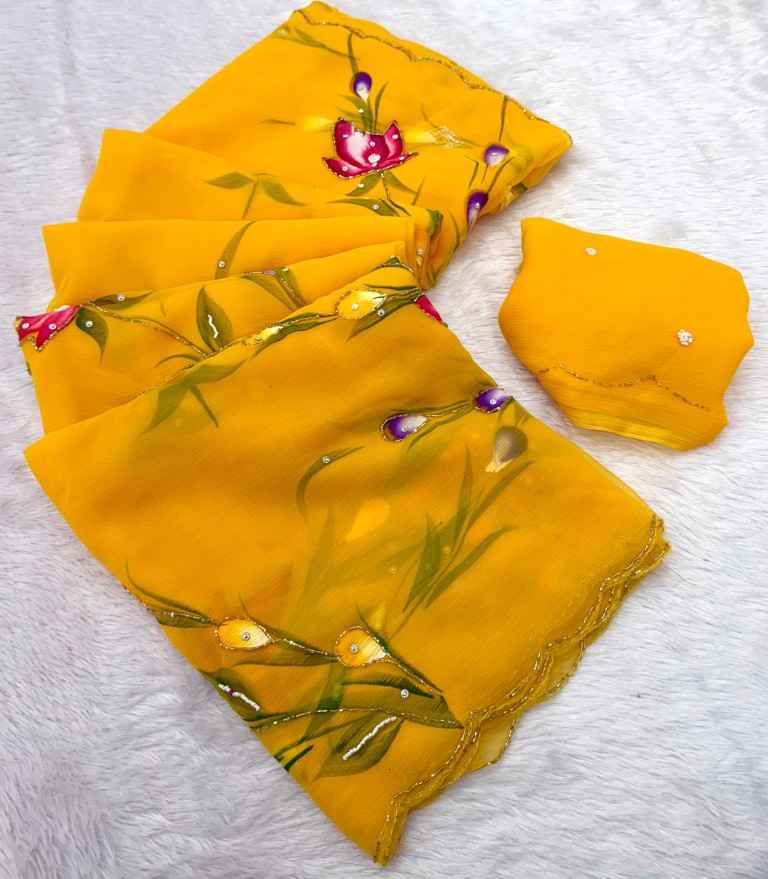 SOFT PURE CHIFFON HANDWORK FLOWER HANDBRUSH SAREE 1