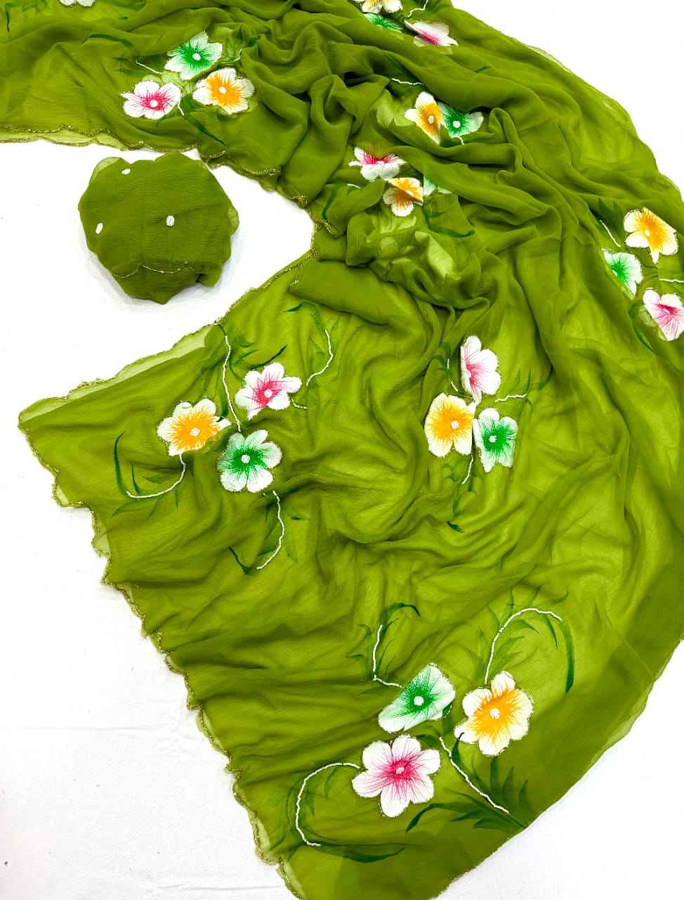 SOFT PURE CHIFFON KHATLI HANDWORK FLOWER HANDBRUSH SAREE 