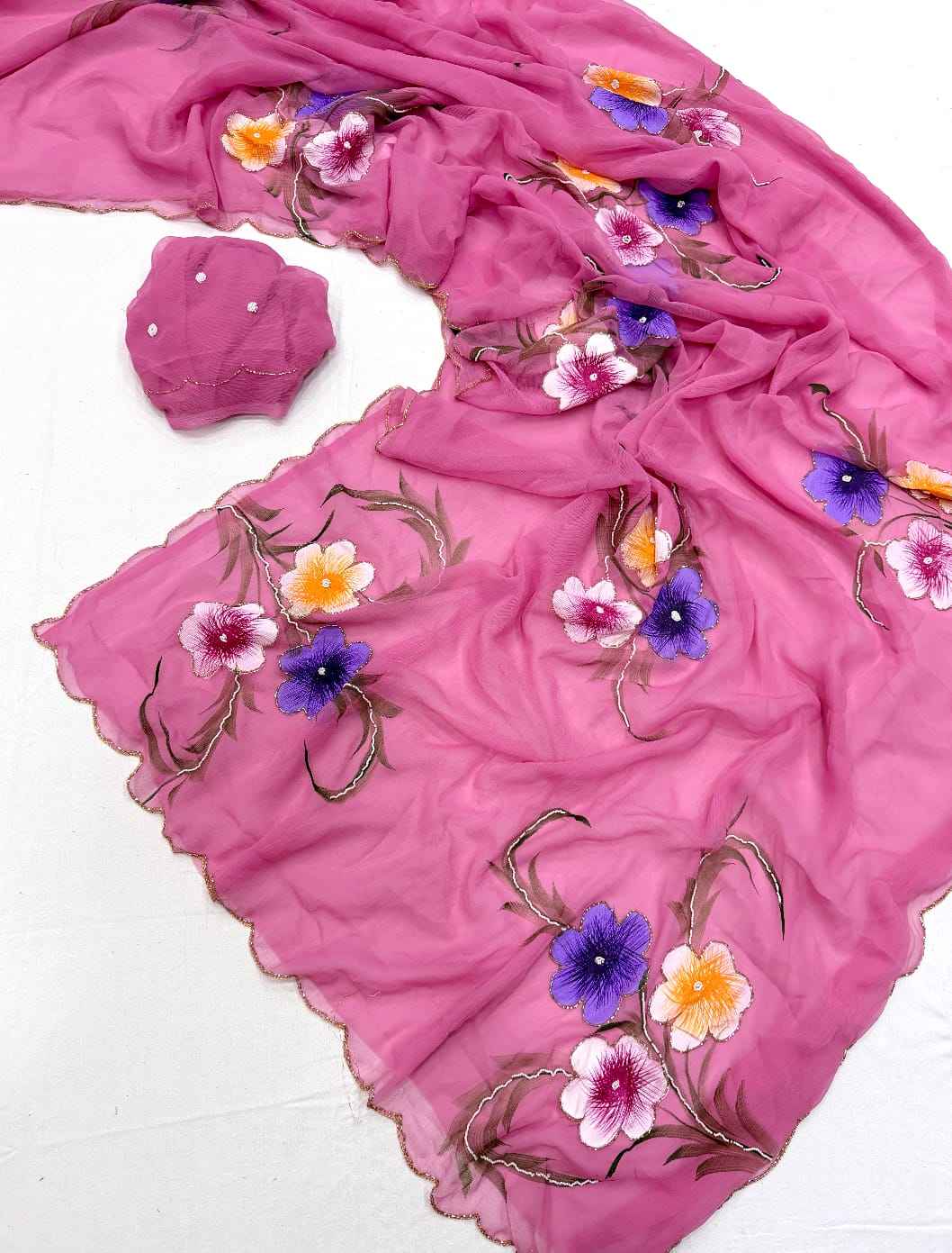 SOFT PURE CHIFFON KHATLI HANDWORK FLOWER HANDBRUSH SAREE 