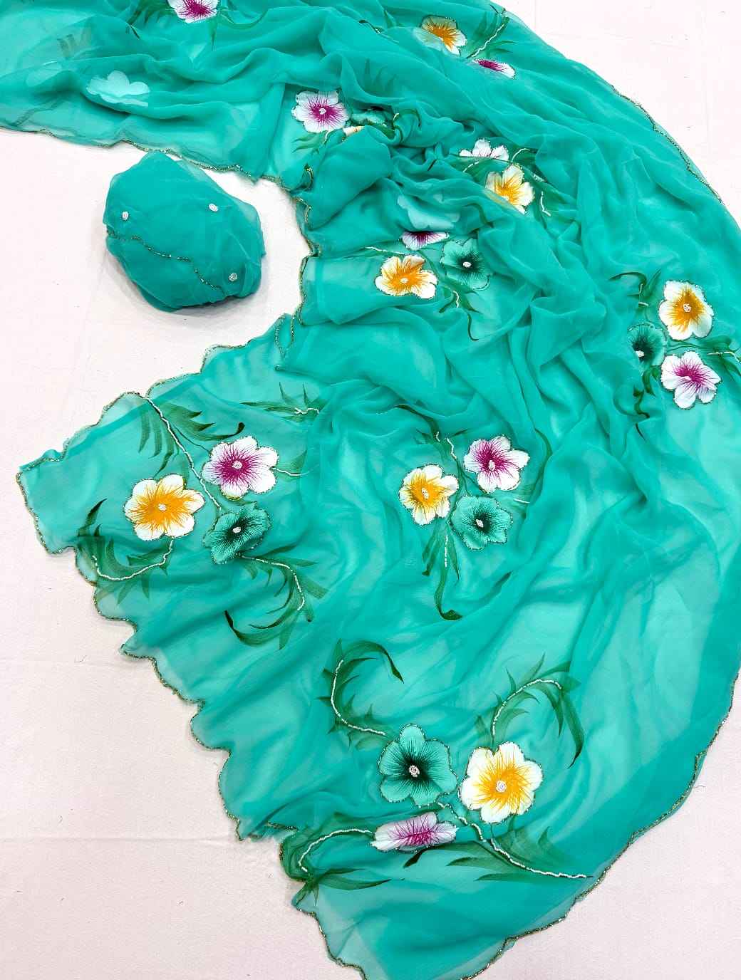 SOFT PURE CHIFFON KHATLI HANDWORK FLOWER HANDBRUSH SAREE 