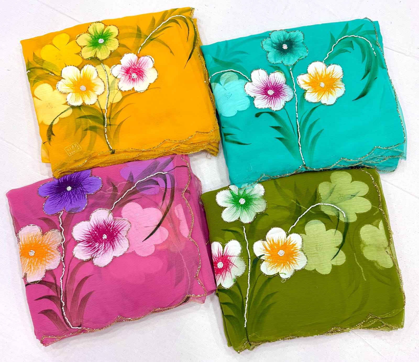 SOFT PURE CHIFFON KHATLI HANDWORK FLOWER HANDBRUSH SAREE 