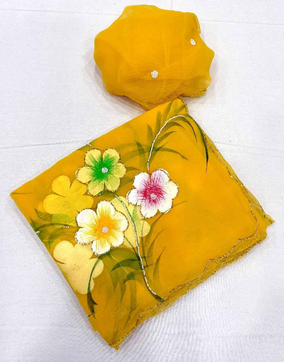 SOFT PURE CHIFFON KHATLI HANDWORK FLOWER HANDBRUSH SAREE 