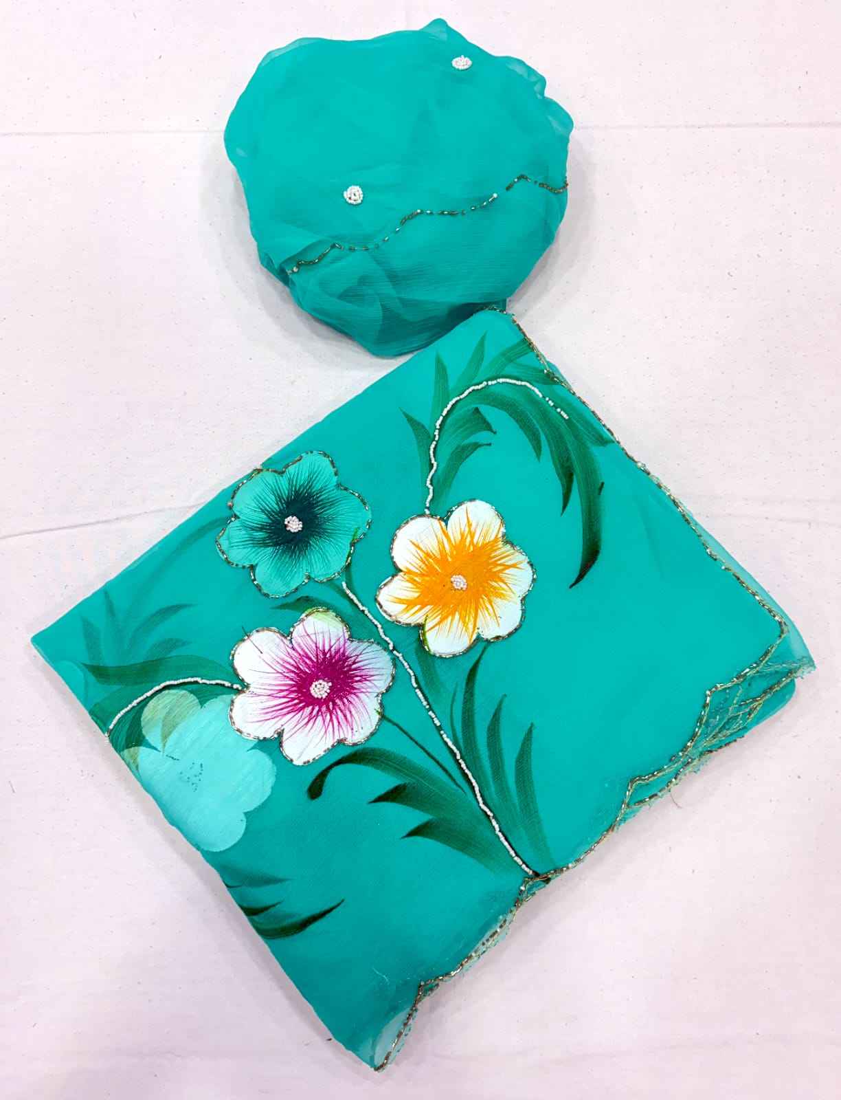 SOFT PURE CHIFFON KHATLI HANDWORK FLOWER HANDBRUSH SAREE 