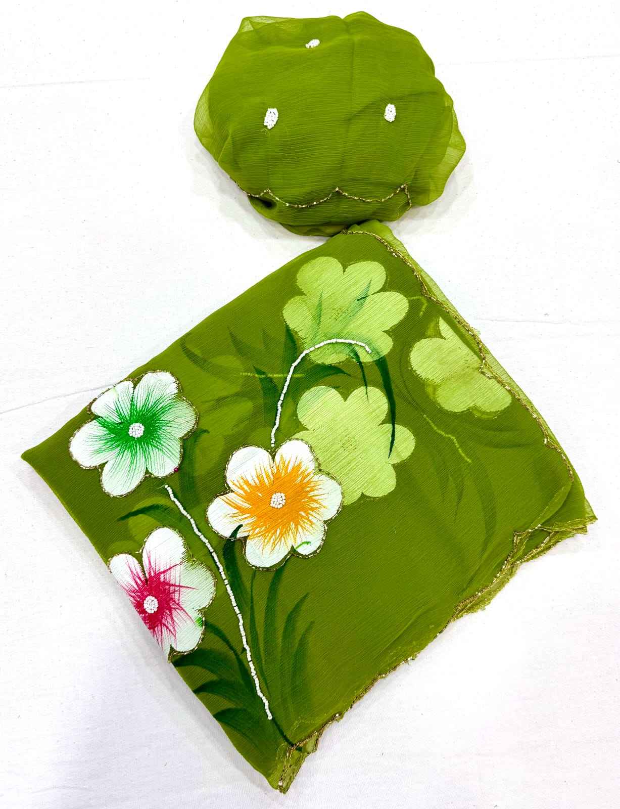 SOFT PURE CHIFFON KHATLI HANDWORK FLOWER HANDBRUSH SAREE 