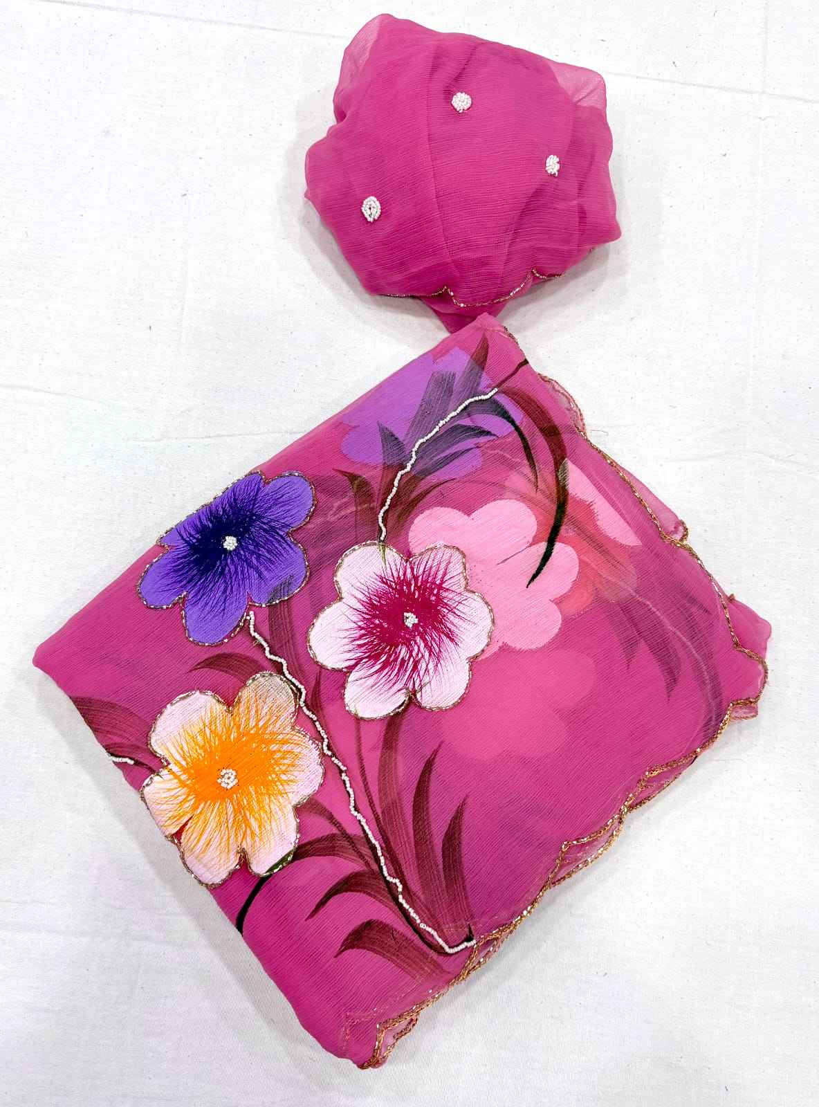 SOFT PURE CHIFFON KHATLI HANDWORK FLOWER HANDBRUSH SAREE 