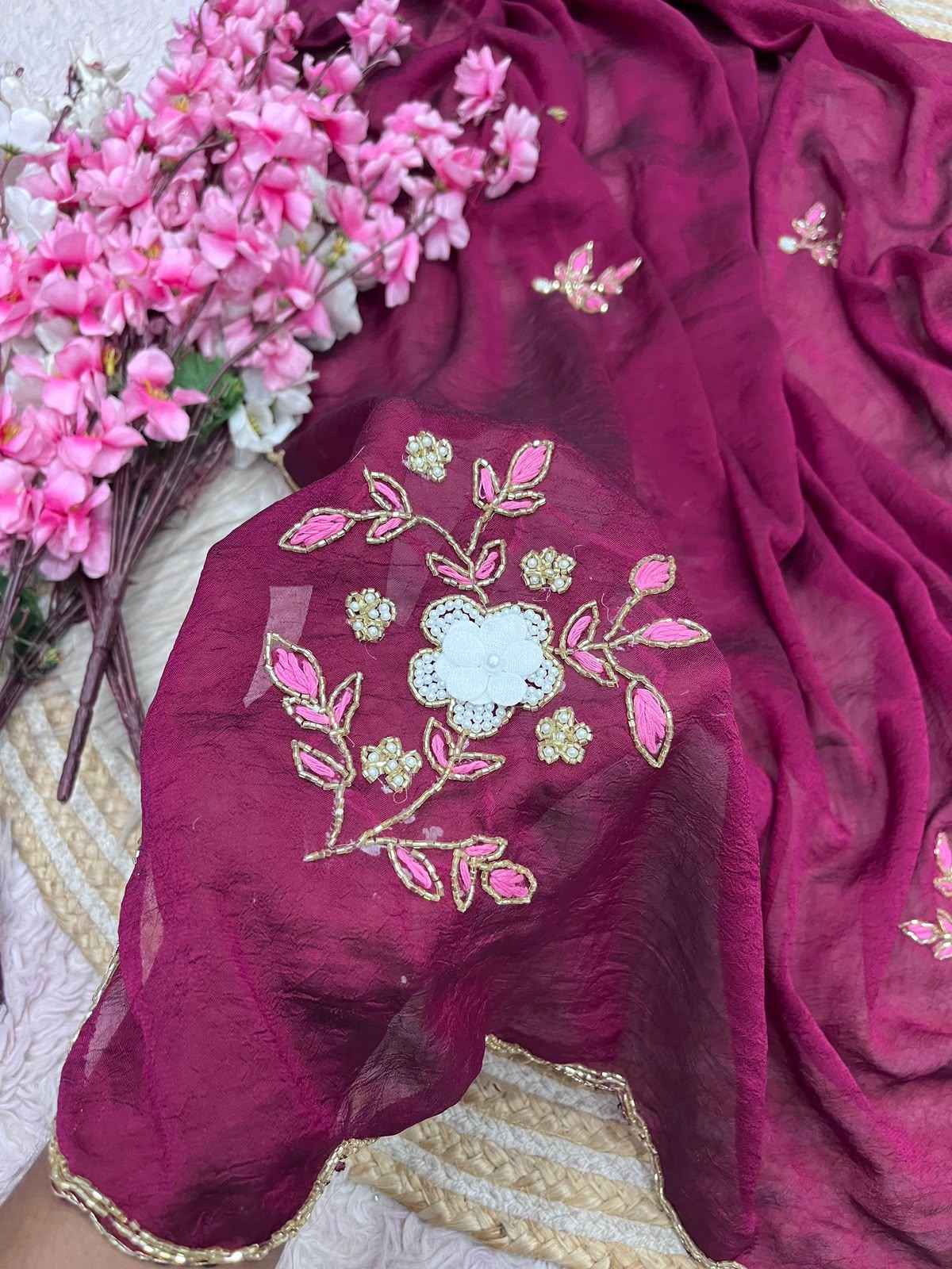 SOFT RANGOLI CRUSH MOTI AND RESHAM THREAD WORK SAREE