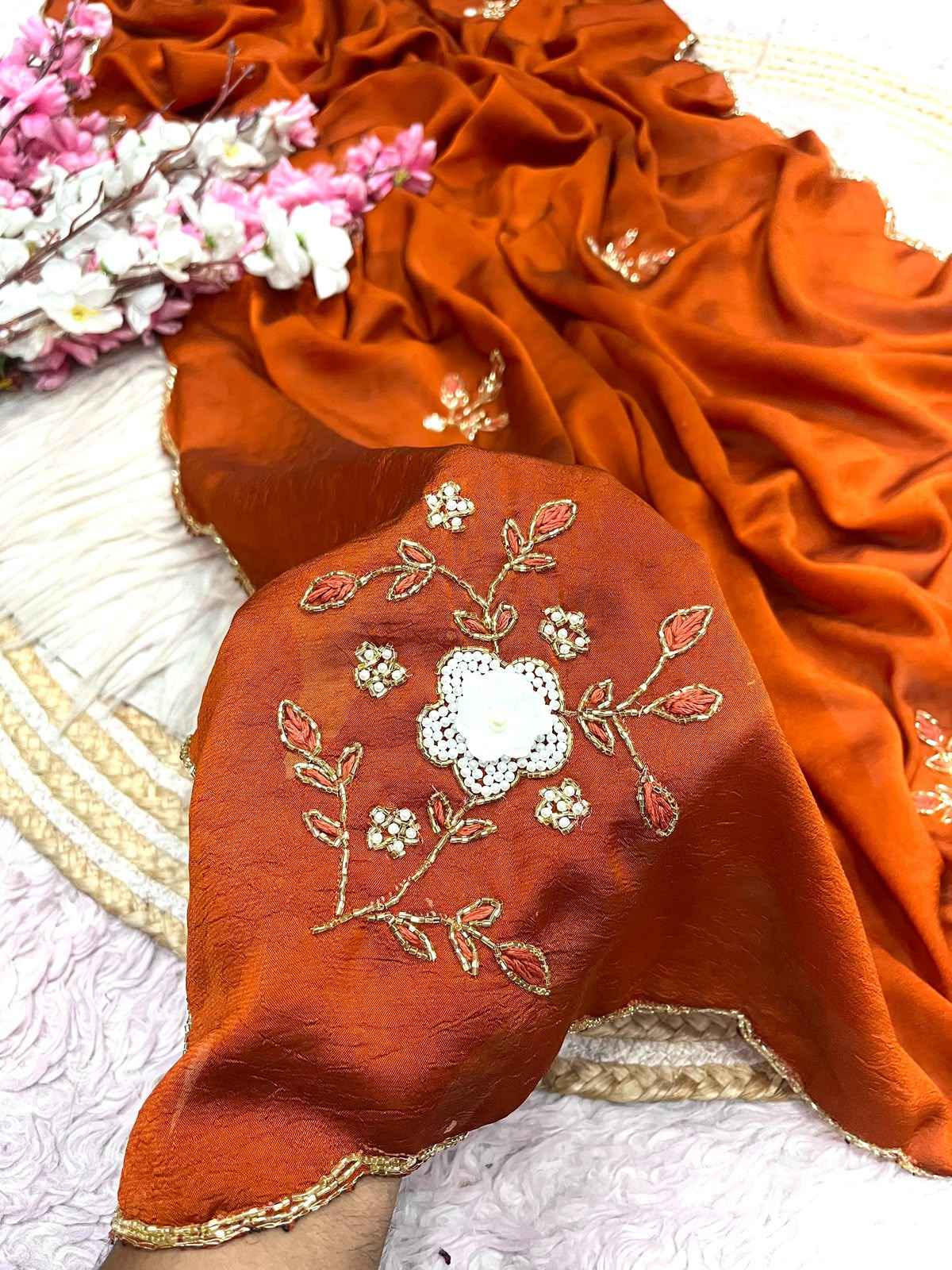 SOFT RANGOLI CRUSH MOTI AND RESHAM THREAD WORK SAREE