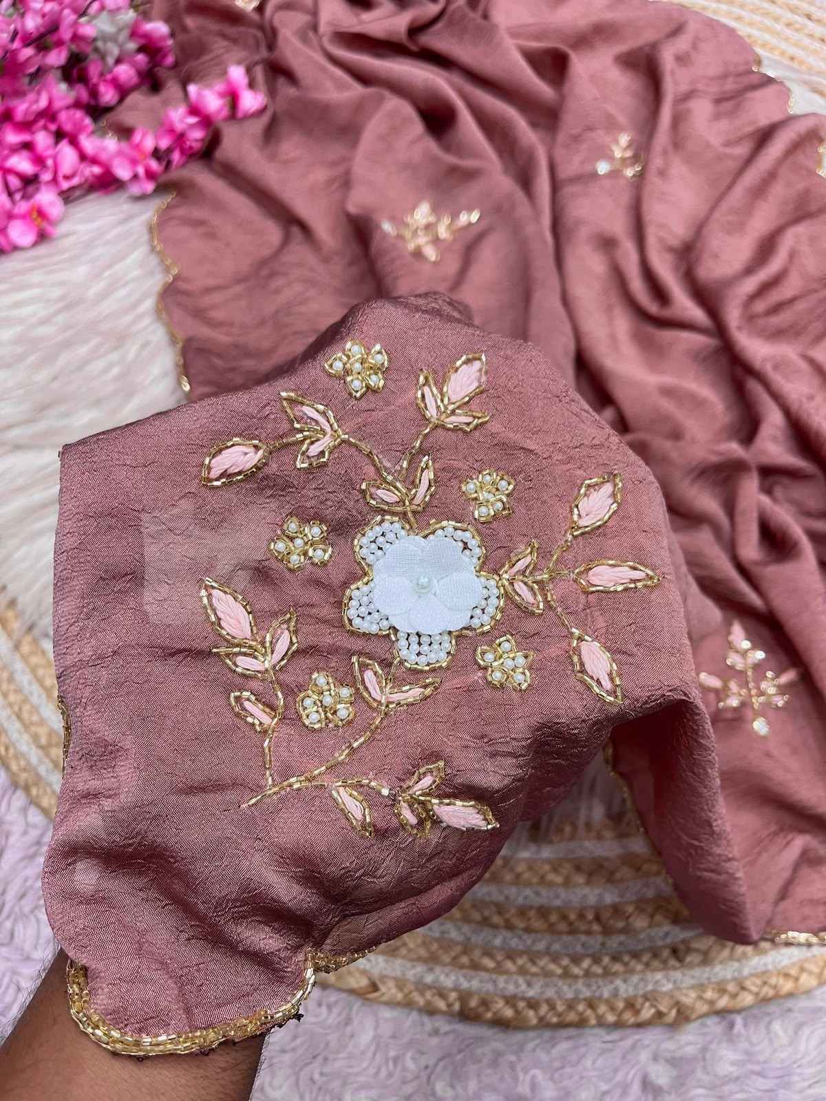 SOFT RANGOLI CRUSH MOTI AND RESHAM THREAD WORK SAREE