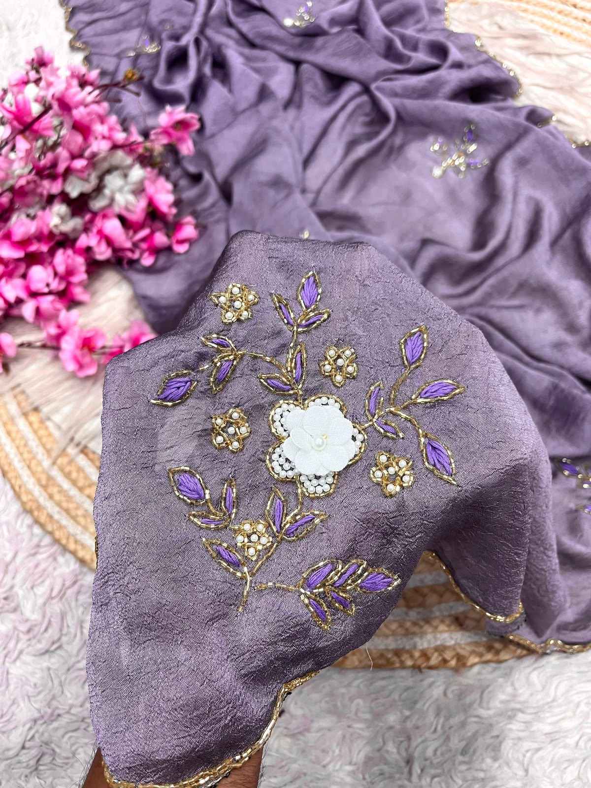 SOFT RANGOLI CRUSH MOTI AND RESHAM THREAD WORK SAREE