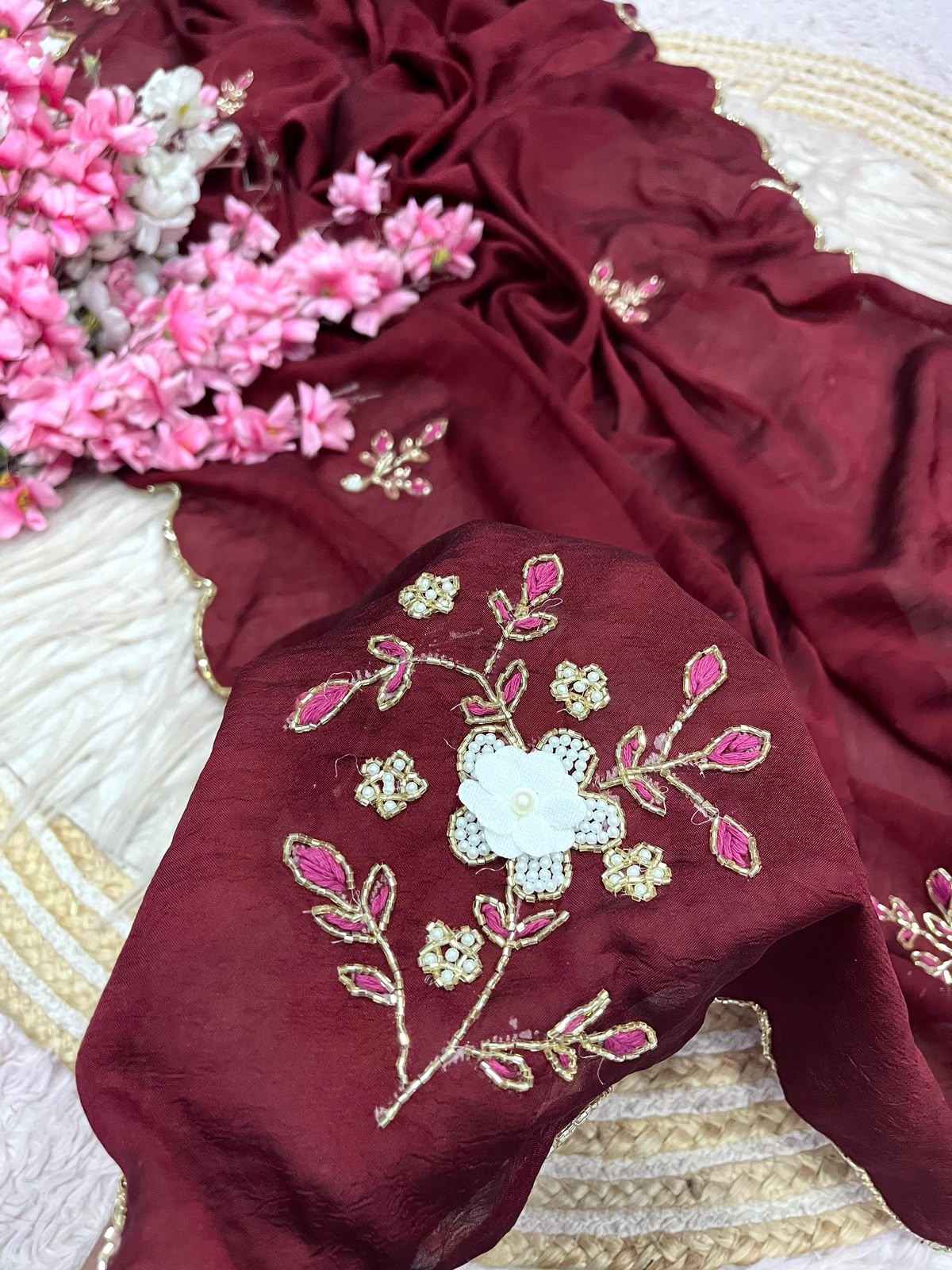 SOFT RANGOLI CRUSH MOTI AND RESHAM THREAD WORK SAREE