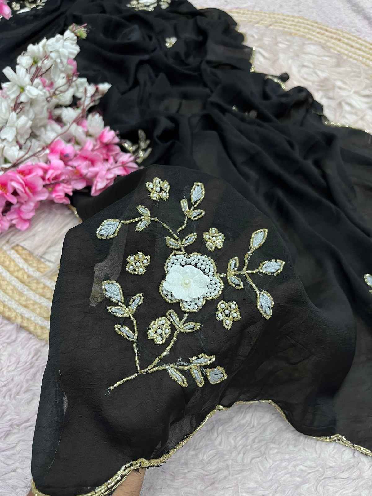 SOFT RANGOLI CRUSH MOTI AND RESHAM THREAD WORK SAREE