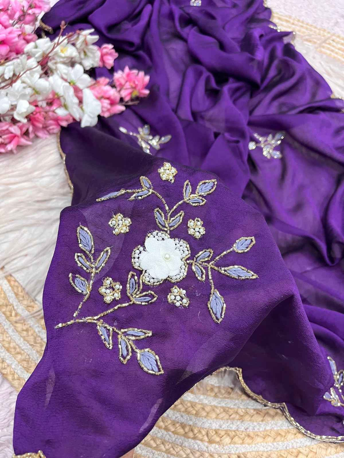 SOFT RANGOLI CRUSH MOTI AND RESHAM THREAD WORK SAREE