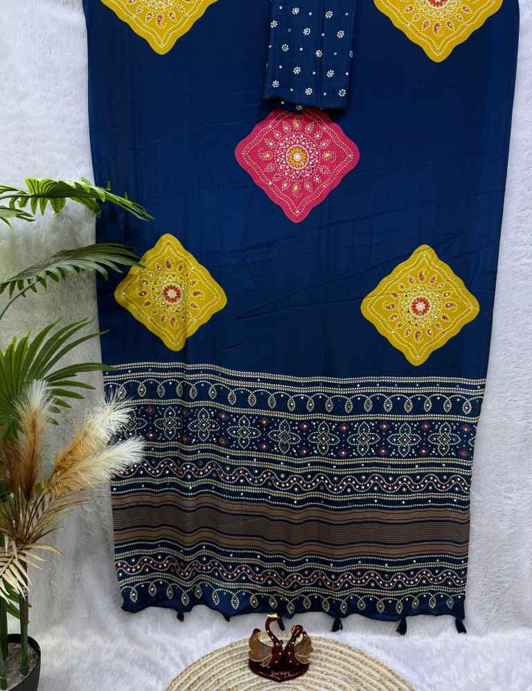 SOFT SATIN CREPE AJARAKH PRINT REAL MIRROR WORK SAREE 2