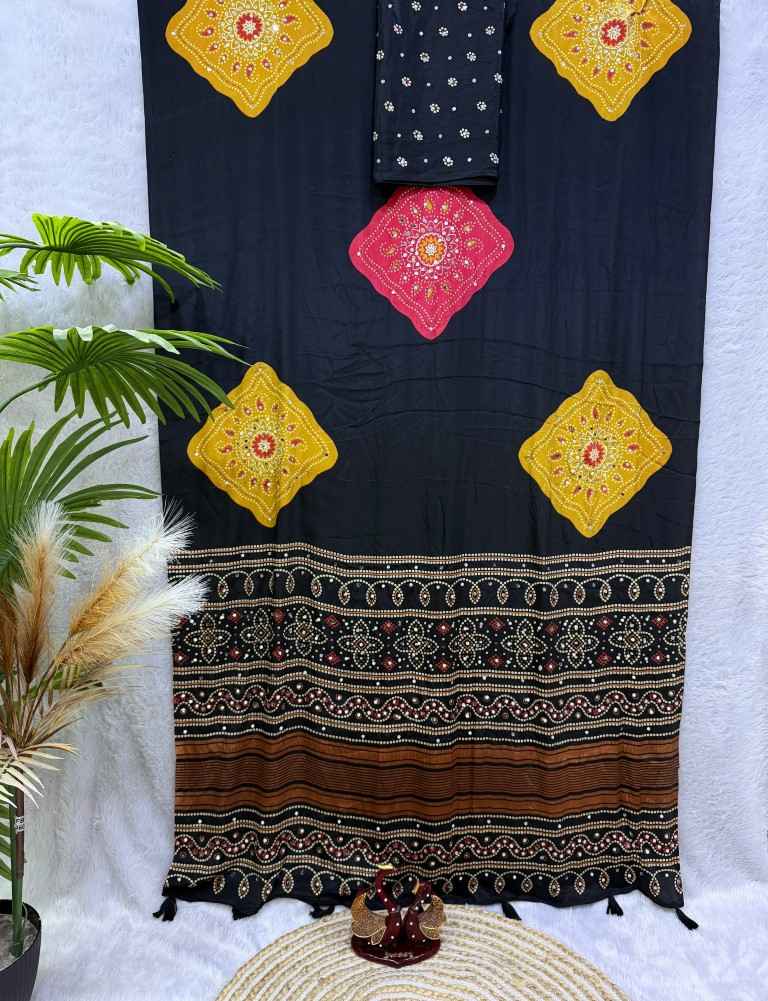 SOFT SATIN CREPE AJARAKH PRINT REAL MIRROR WORK SAREE 2