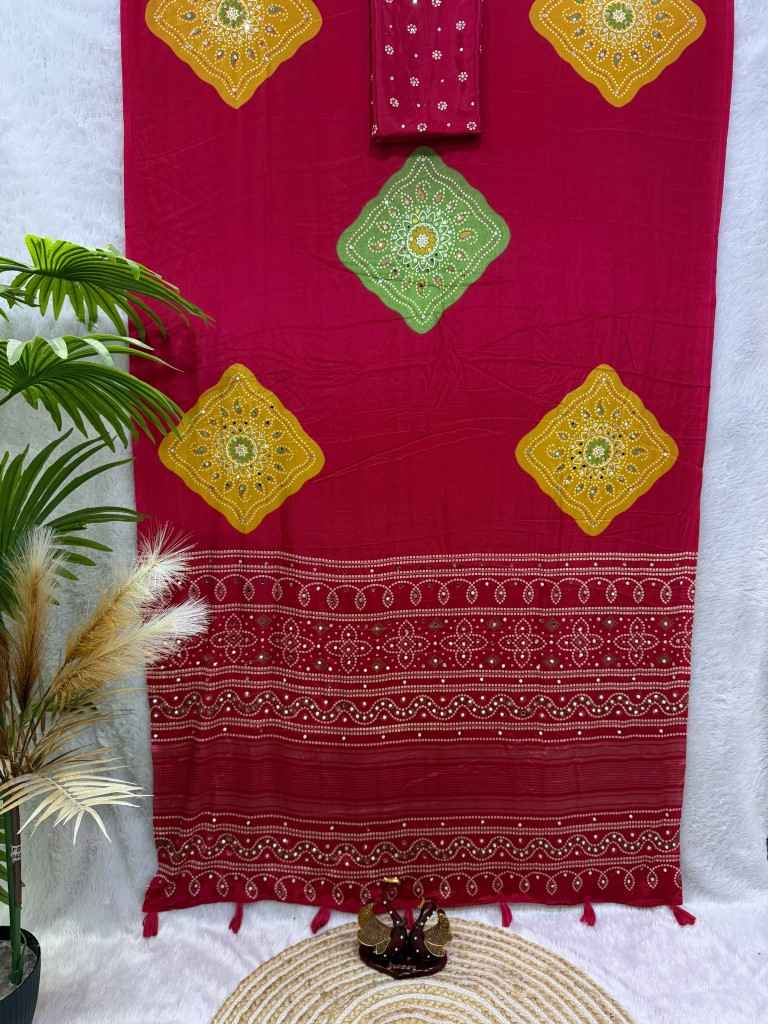 SOFT SATIN CREPE AJARAKH PRINT REAL MIRROR WORK SAREE 2