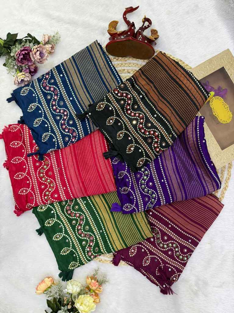 SOFT SATIN CREPE AJARAKH PRINT REAL MIRROR WORK SAREE 2