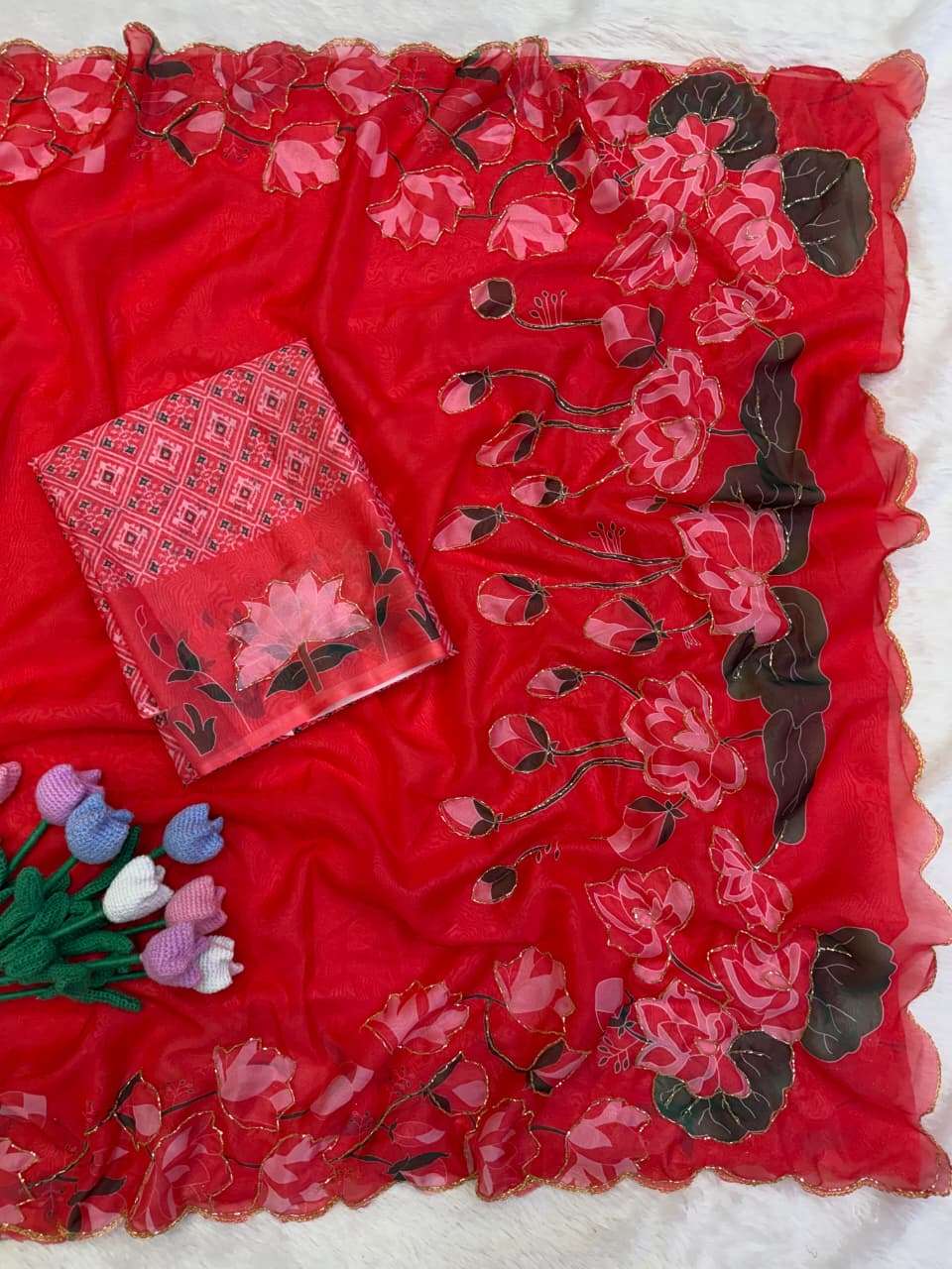 SOFT TEBBY SILK FLORAL PRINT KATDANA HANDWORK SAREE