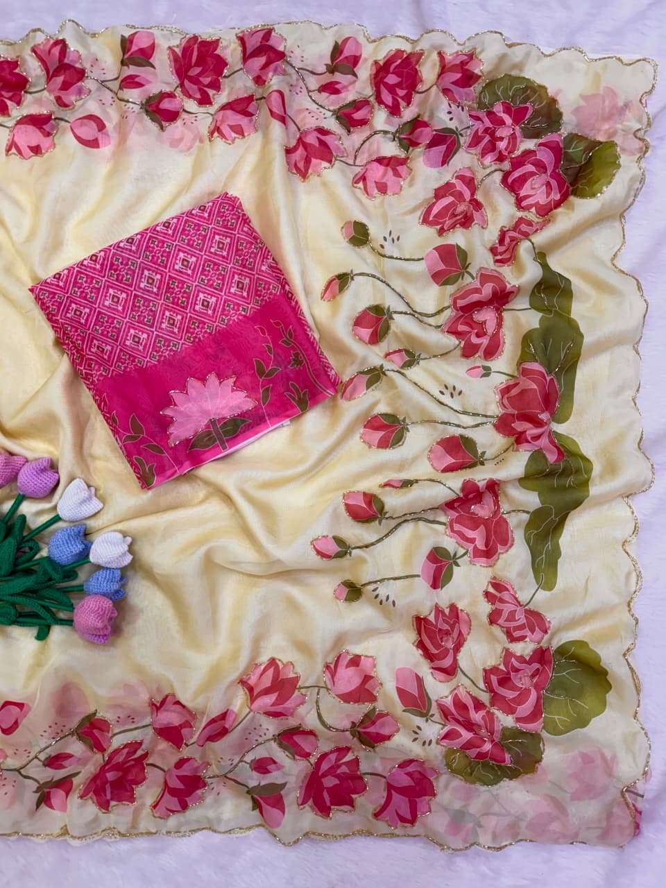 SOFT TEBBY SILK FLORAL PRINT KATDANA HANDWORK SAREE