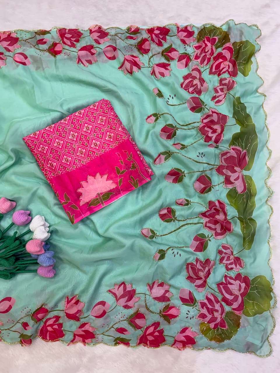 SOFT TEBBY SILK FLORAL PRINT KATDANA HANDWORK SAREE