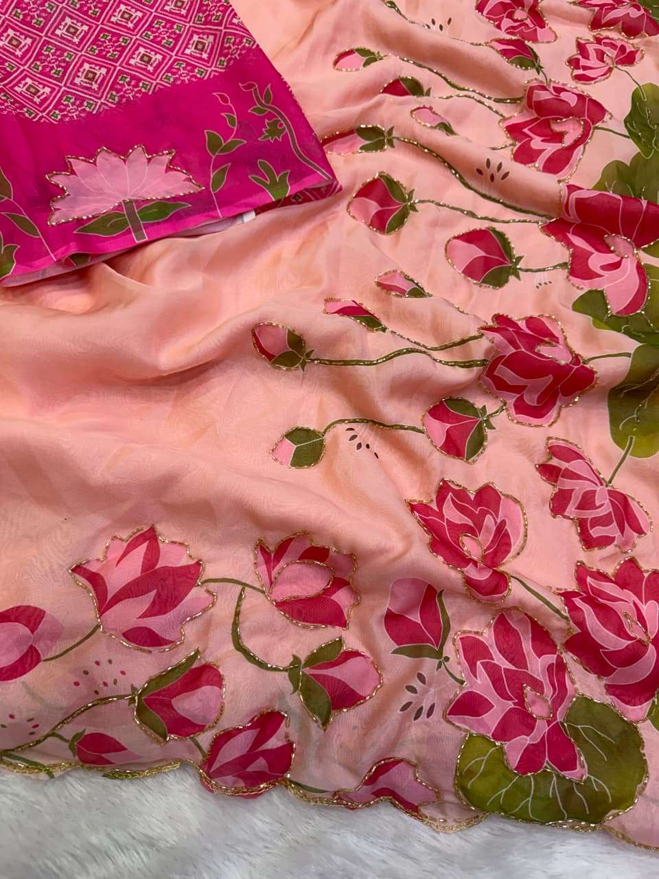 SOFT TEBBY SILK FLORAL PRINT KATDANA HANDWORK SAREE