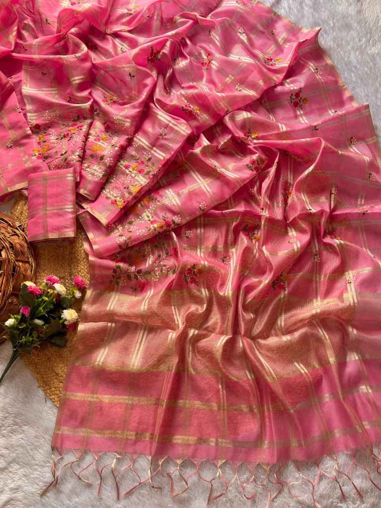 SOFT TUSSER SILK ZARI CHEX EMBROIDERY WORK SAREE