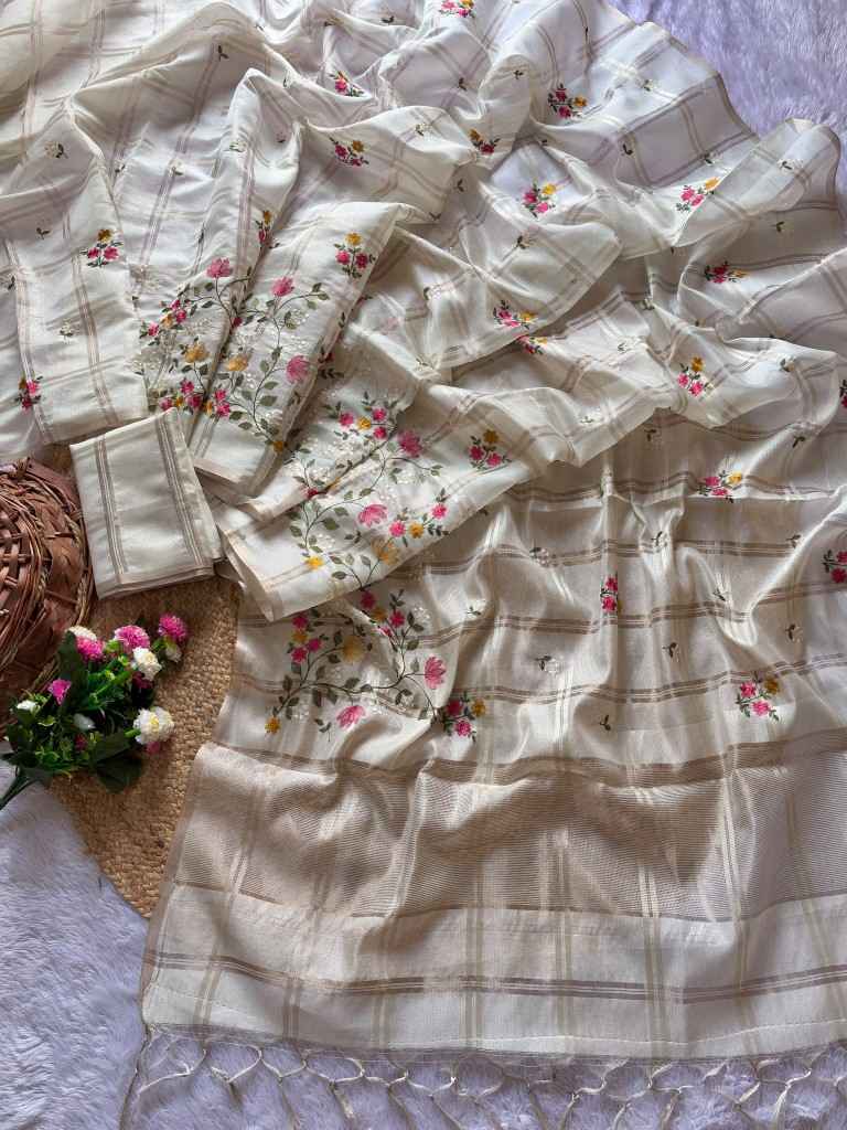 SOFT TUSSER SILK ZARI CHEX EMBROIDERY WORK SAREE