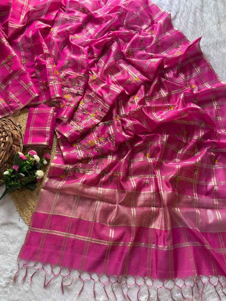 SOFT TUSSER SILK ZARI CHEX EMBROIDERY WORK SAREE