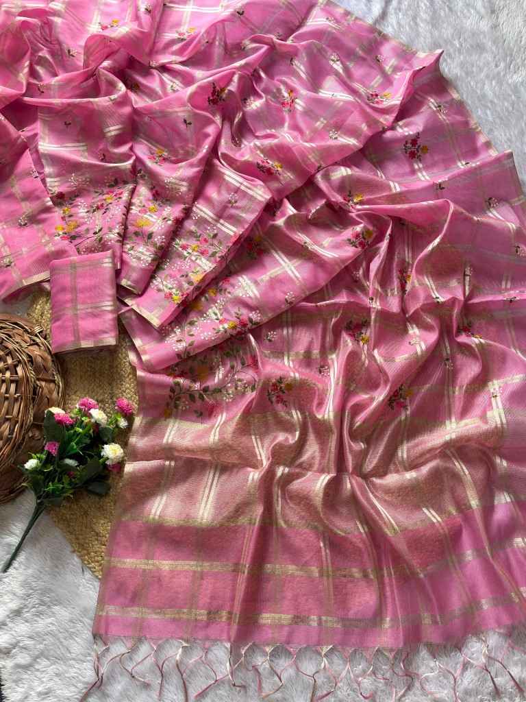 SOFT TUSSER SILK ZARI CHEX EMBROIDERY WORK SAREE
