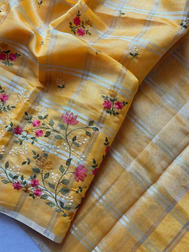 SOFT TUSSER SILK ZARI CHEX EMBROIDERY WORK SAREE