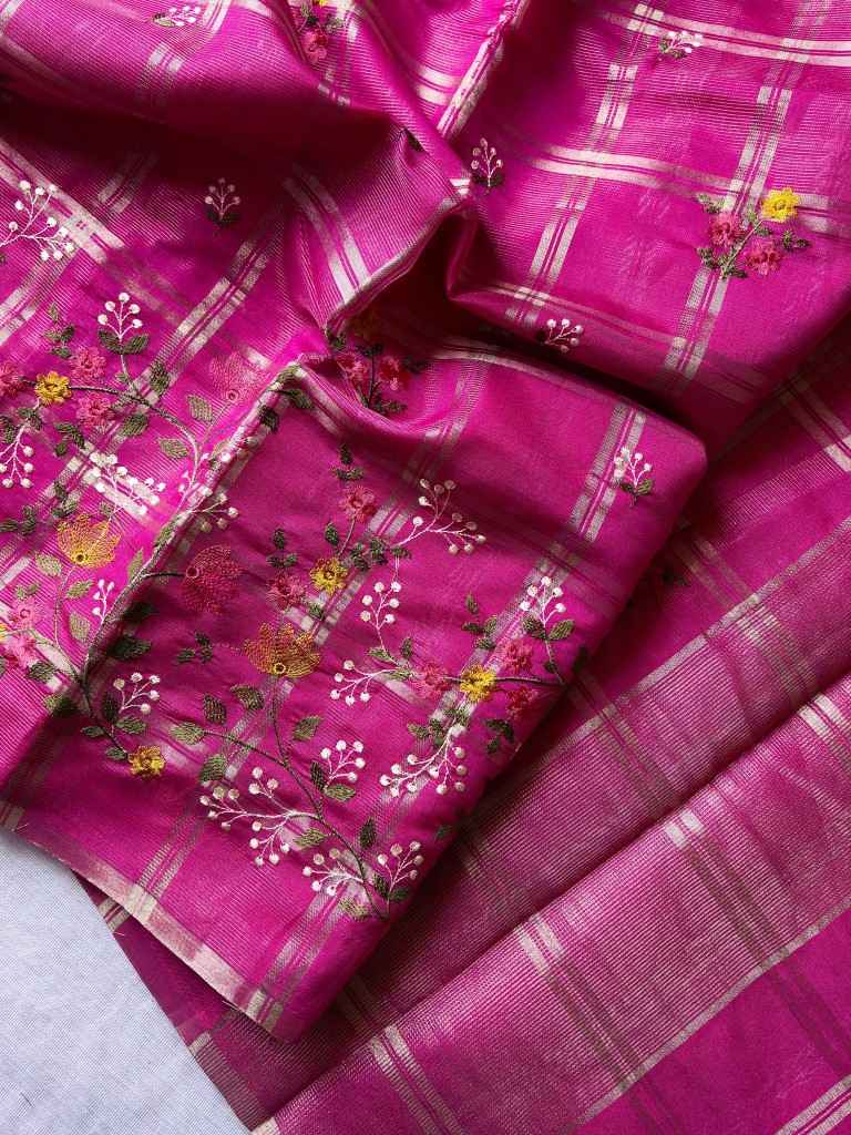 SOFT TUSSER SILK ZARI CHEX EMBROIDERY WORK SAREE