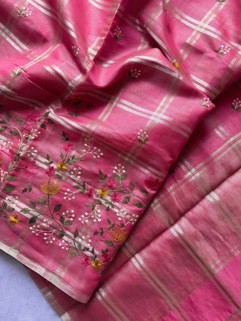 SOFT TUSSER SILK ZARI CHEX EMBROIDERY WORK SAREE