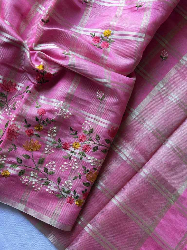 SOFT TUSSER SILK ZARI CHEX EMBROIDERY WORK SAREE