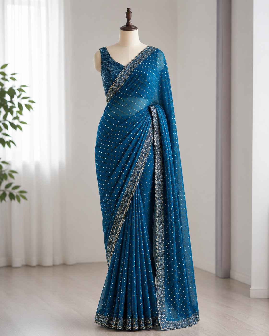 SPACE SILK BUTTI JARKHAN WITH STONE WORK SAREE